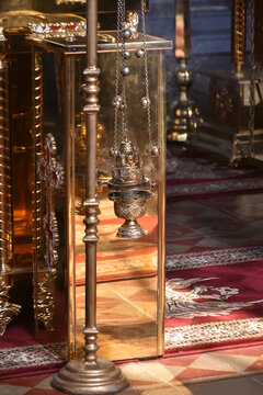 An Orthodox censer (or kandilo) suspended on chains inside a church