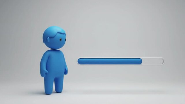 Cute 3D Blue Mascot Character Presenting Horizontal Loading Bar