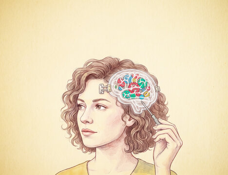 Young woman holds magnifying glass over her brain. Curly hair frames her thoughtful expression. Her gaze reflects deep contemplation or discovery. Soft pastel tones create a calm, introspective mood