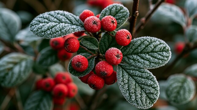 a cluster of bright red berries covered in frost. The berries are clustered together on a branch, with some overlapping each other. The frost covers the leaves, giving them a frosty appearance.