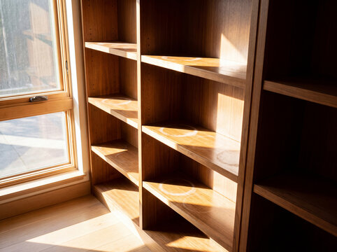 Unfurnished wooden bookshelf with empty shelves and water stains, warmed by sunlight from a nearby window  minimalist, blank canvas for renovation or staging ideas