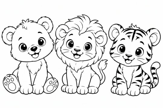 Cute cartoon lion and tiger cubs sitting together for coloring book page