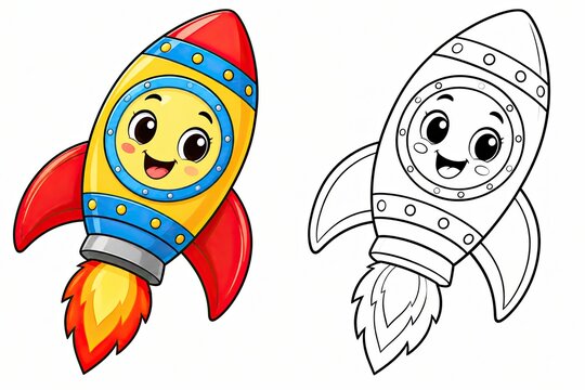 Cute cartoon pixel art space rocket with outline for coloring book page
