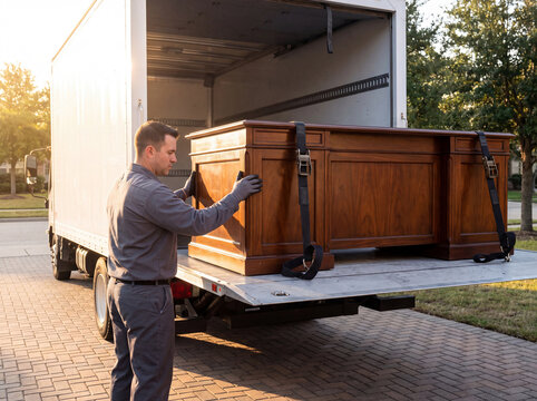 Experienced worker carefully loading an antique style wooden desk onto a white moving truck's liftgate, highlighting professional moving services, relocation logistics, and furniture delivery