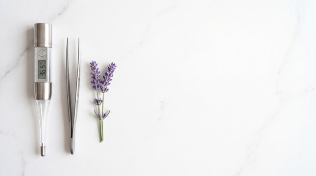 Digital thermometer reading normal temperature with metal tweezers and sprig of lavender on bright marble, conveying health, hygiene, natural wellness and clean self care concepts