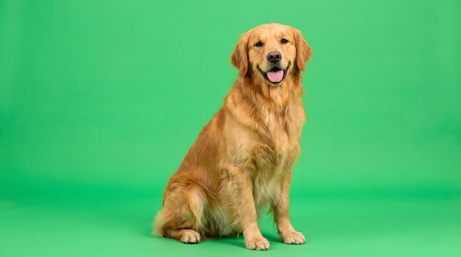 Happy golden retriever dog sitting obediently while looking at camera with mouth open