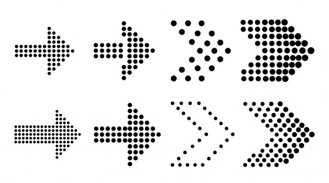 Six dotted arrows progress in size and density, symbolizing transformation, direction, and visual rhythm, exploring how subtle changes create distinct perceptions while maintaining unity.