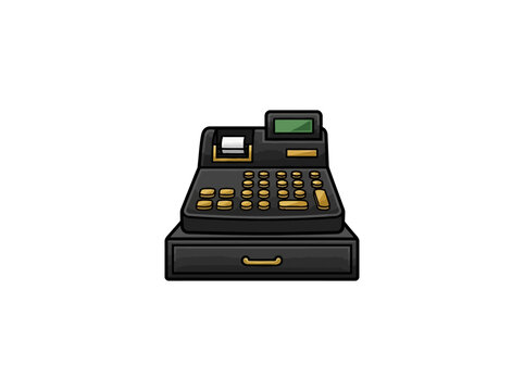 Black Electronic Cash Register With Gold Keys, Green Display, Receipt Roll, And Lower Drawer, Retail Checkout And Point Of Sale Equipment Vector Illustration