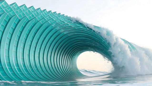 Giant curling ocean wave forming an architectural tunnel shape with teal water