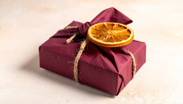 Burgundy wrapped gift box with raffia and a dried orange slice