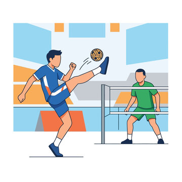 Vector illustration of two male athletes playing Sepak Takraw in an indoor stadium, featuring one player in blue kicking a rattan ball over the net toward an opponent in green.
