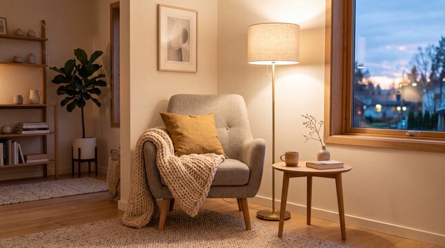 cozy living room corner with armchair blanket and floor lamp