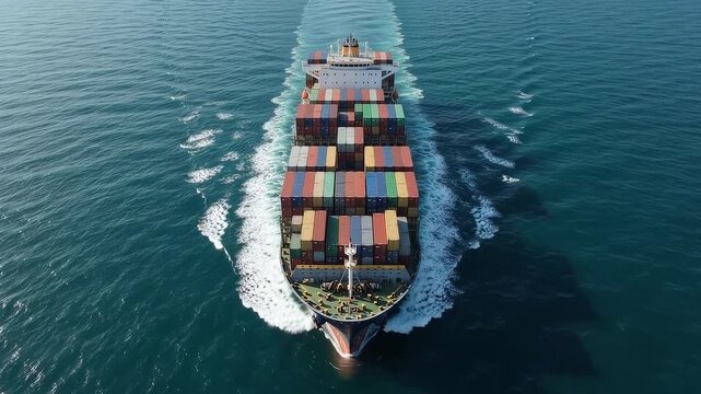 Massive container ship loaded with a colorful array of shipping containers sailing turquoise ocean waters seen from an aerial drone view.