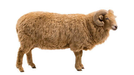 Adult ram with thick curly brown wool and large curved horns standing in profile © Liselotte