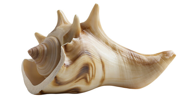 Spiked brown and cream colored conch seashell with spiral texture