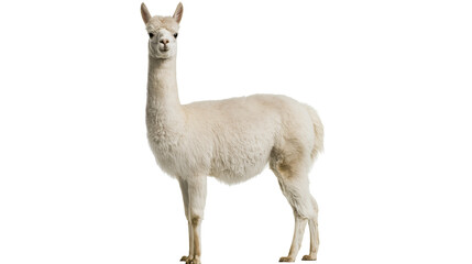 Full body portrait of a white fluffy alpaca standing and looking at the camera © Liselotte