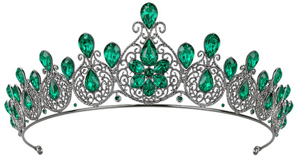 Ornate silver tiara with emerald green teardrop crystals and filigree metalwork © Liselotte