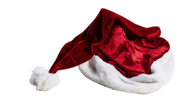 Red velvet Santa Claus hat with white faux fur trim and pompom