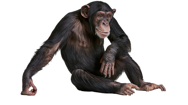 Adult chimpanzee sitting with dark fur and expressive facial features