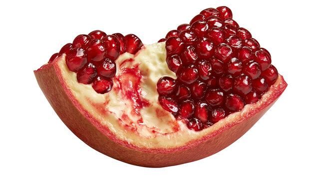 Fresh ripe pomegranate fruit wedge with juicy red arils and white pith