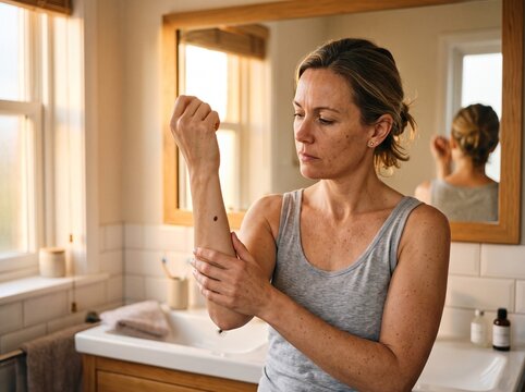 Woman looking carefully at mole on arm mirror reflection skin self exam concept