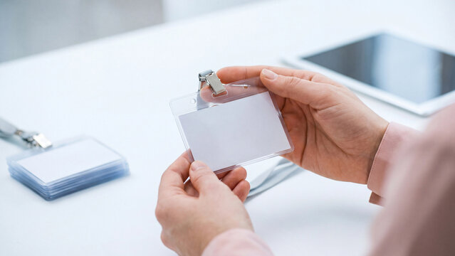 Blank employee name badge mockup in hands, woman holding empty white id card holder with lanyard at office desk with tablet for conference pass, corporate identity and staff access template