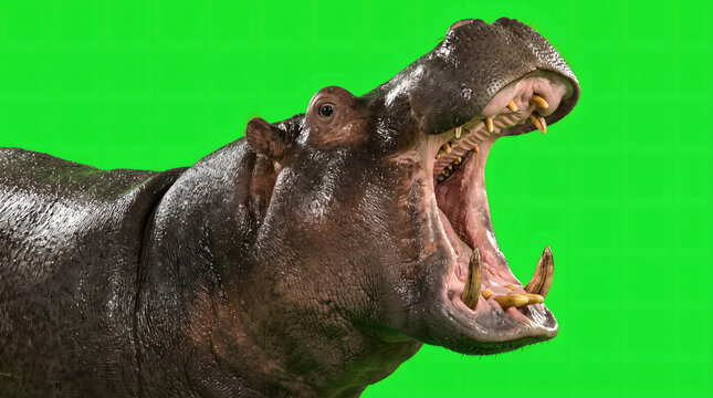 Close up side view of a wet hippopotamus yawning with wide open jaws and sharp tusks.