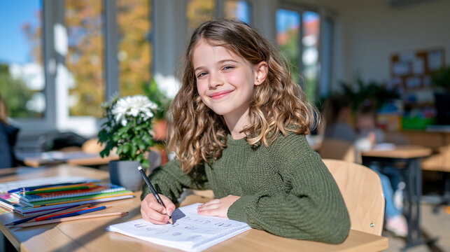 A Ukrainian girl sits at a wooden classroom desk carefully tracing alphabet letters into a lined notebook, autumn sunlight streaming through tall windows onto scattered pencils and a small potted ch