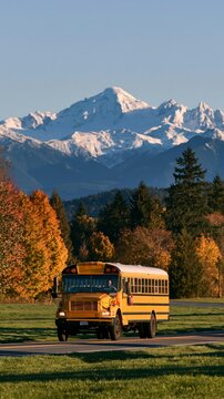 a school bus on a road. The bus is a bright yellow with a red stop sign on its side. It is positioned in the foreground, with a lush green meadow to its left.
