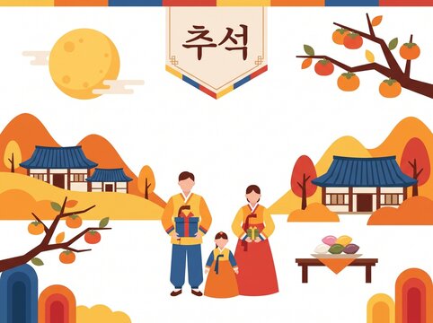 Chuseok Korean mid autumn festival background vector illustration. Korean Translation%3A %22 Chuseok %22  vector isolated on white