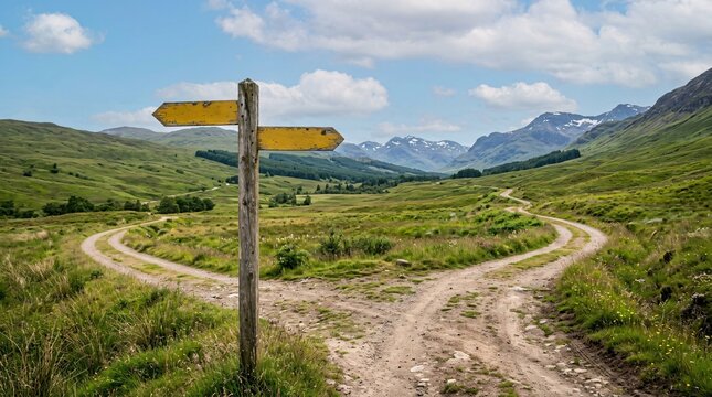 Scenic dirt crossroad splitting into two paths through a grassy valley with blank yellow signposts pointing opposite ways under a blue sky.