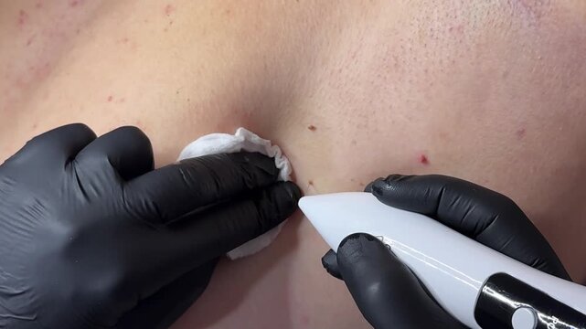 Electrocautery device removing skin lesion in close-up. Advanced dermatology technology, minimally invasive procedure, precision medicine, cosmetic healthcare concept.