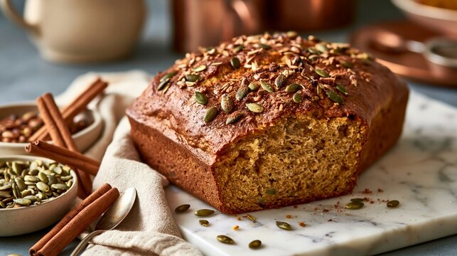 a freshly baked loaf of bread on a marble surface. The bread has a goldenbrown crust and is sprinkled with pumpkin seeds. To the left of the loaf.