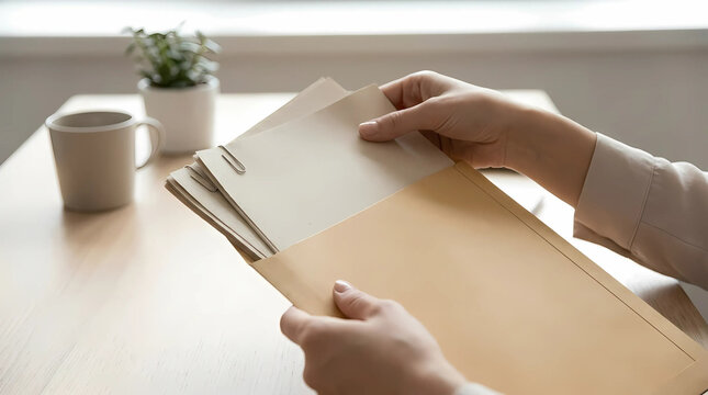 Close-up of hands opening a manila envelope with paper-clipped documents at an office desk
