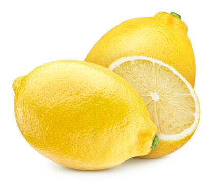 Fresh yellow lemon fruit with halves, slices and details isolated on white background. Lemon with clipping path. Full depth of field