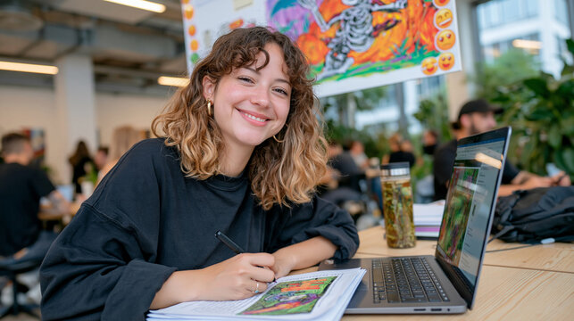Influencer marketer stitching together a Halloween campaign brief in a busy urban co working space, crowd of creatives nearby, a thermos of herbal tea on a shared desk, skeleton emoji stickers dot t