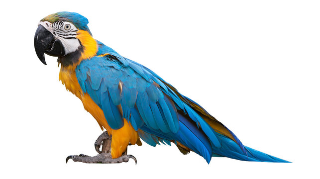 Blue and yellow macaw parrot with vibrant plumage and black beak