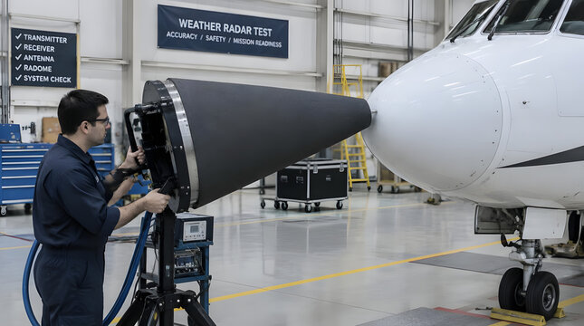 Technician performing weather radar test on an aircraft.