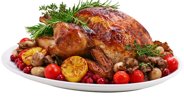 Roasted golden brown whole turkey with rosemary lemon mushrooms and cranberries