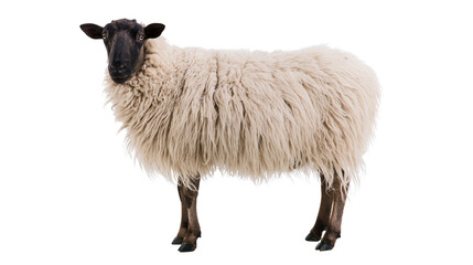 Fluffy cream colored sheep with black face and legs standing in profile © Aisling