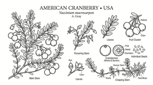 Very beautiful black and white vector set of American Cranberry Plant, leaves, flowers, cranberries, seeds and wetland stems. Label: "AMERICAN CRANBERRY &bull; USA" no gradient, white background.
