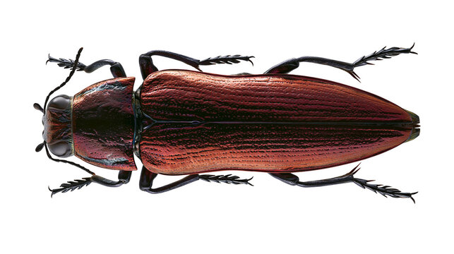 Iridescent metallic copper click beetle with textured wing covers