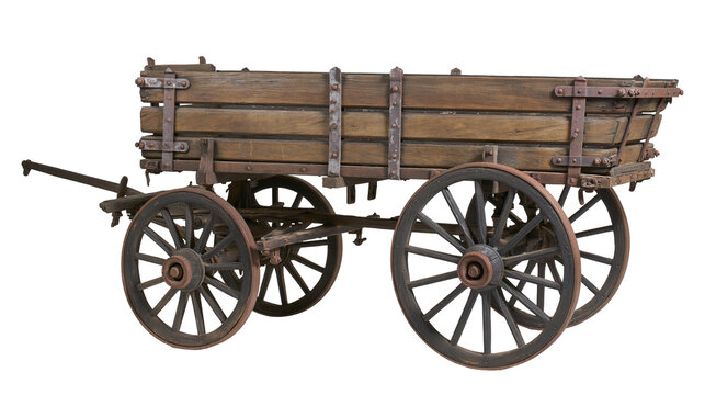 Rustic wooden farm wagon with iron wheels and metal hardware
