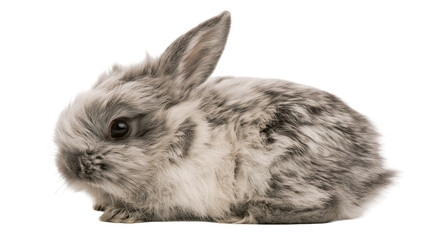 Fluffy grey and white baby rabbit sitting in profile © Aisling