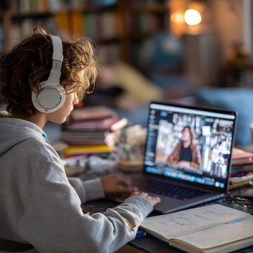 Modern Remote Workers Using Laptops and Headphones for Online Communication