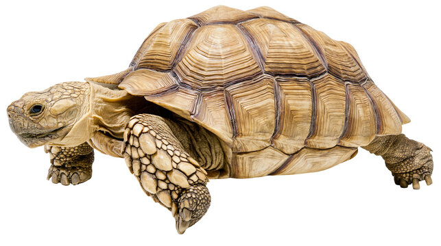 Large African spurred tortoise with textured brown shell and scaly skin