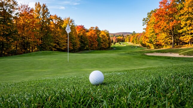 Perfect white golf ball on lush manicured grass surrounded by autumn trees in fiery red and orange under a clear blue sky in soft light.