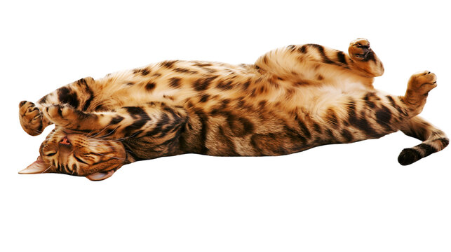 Bengal cat lying on its back with paws raised and spotted fur pattern