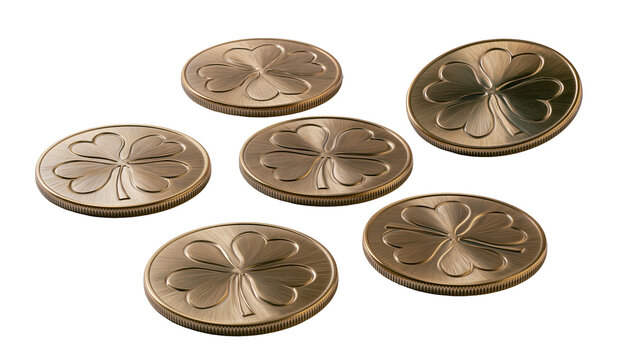Five bronze metallic coins with embossed four leaf clover patterns