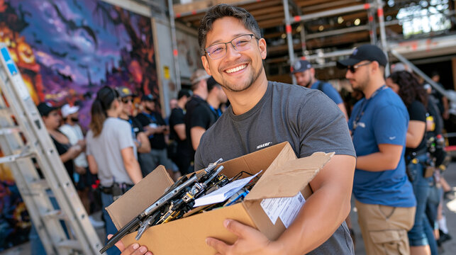 Theme park Halloween technician unpacking a new batch of animatronic tools excitedly in a busy backstage area, crowd of crew members gathered around, a ladder leaning against a wall painted with sea